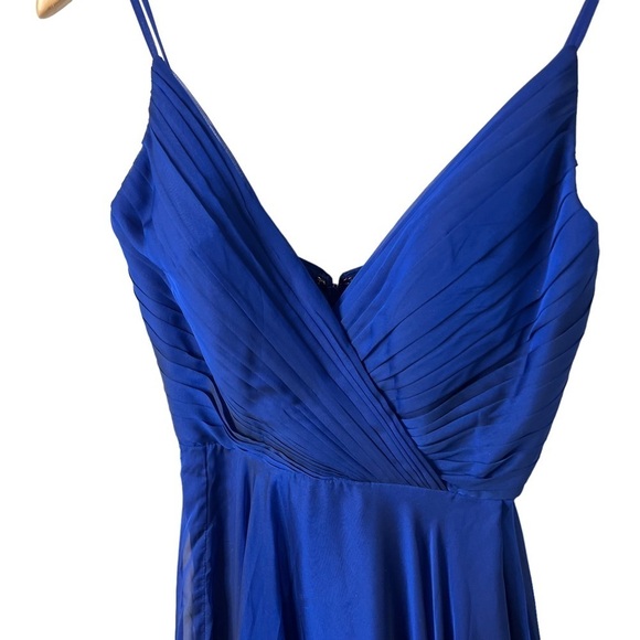 La Femme Pleated Bodice V Neck Chiffon Dress Gown Blue Size 0 Leg Slit Faux Wrap - Picture 4 of 9